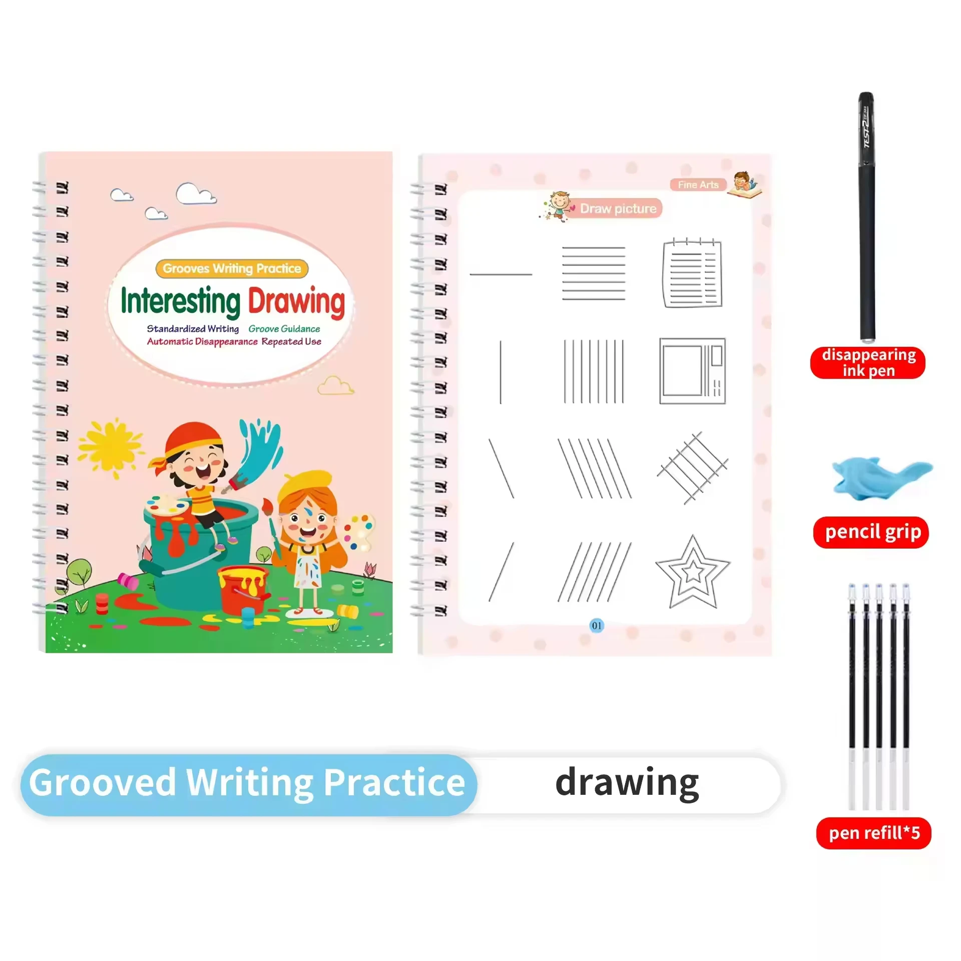 Large Reusable Magic Grooved Writing Practice for Kids with 1 Pen & 5 Refills, Disappearing Ink Handwriting Book