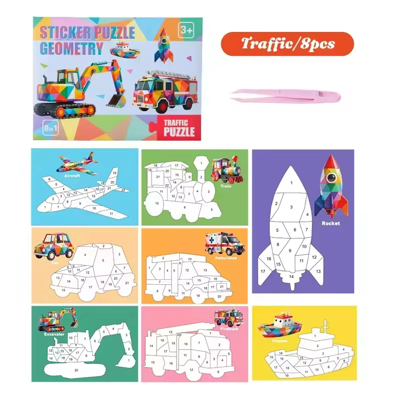 CE CPC 3D Geometric Shape Paper Sticker Puzzle Painting Book Kids Early Learning Toys DIY Animal Collage Sticker by Number