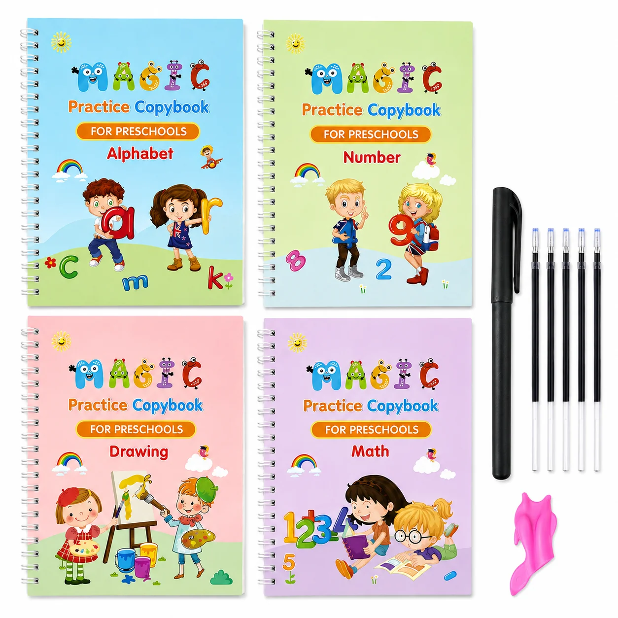 5 Languages Grooved Handwriting Practice Book Set 4Pcs with Pen 5 Refills & Grip for Arabic English French Spanish Russian