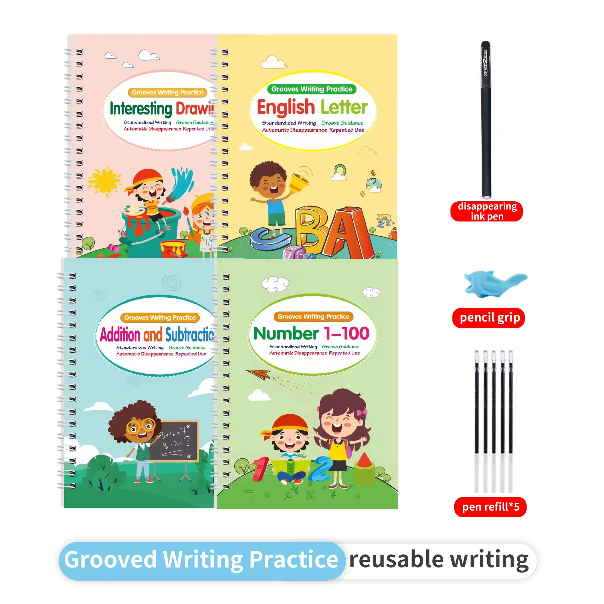 Large Reusable Magic Grooved Writing Practice for Kids with 1 Pen & 5 Refills, Disappearing Ink Handwriting Book