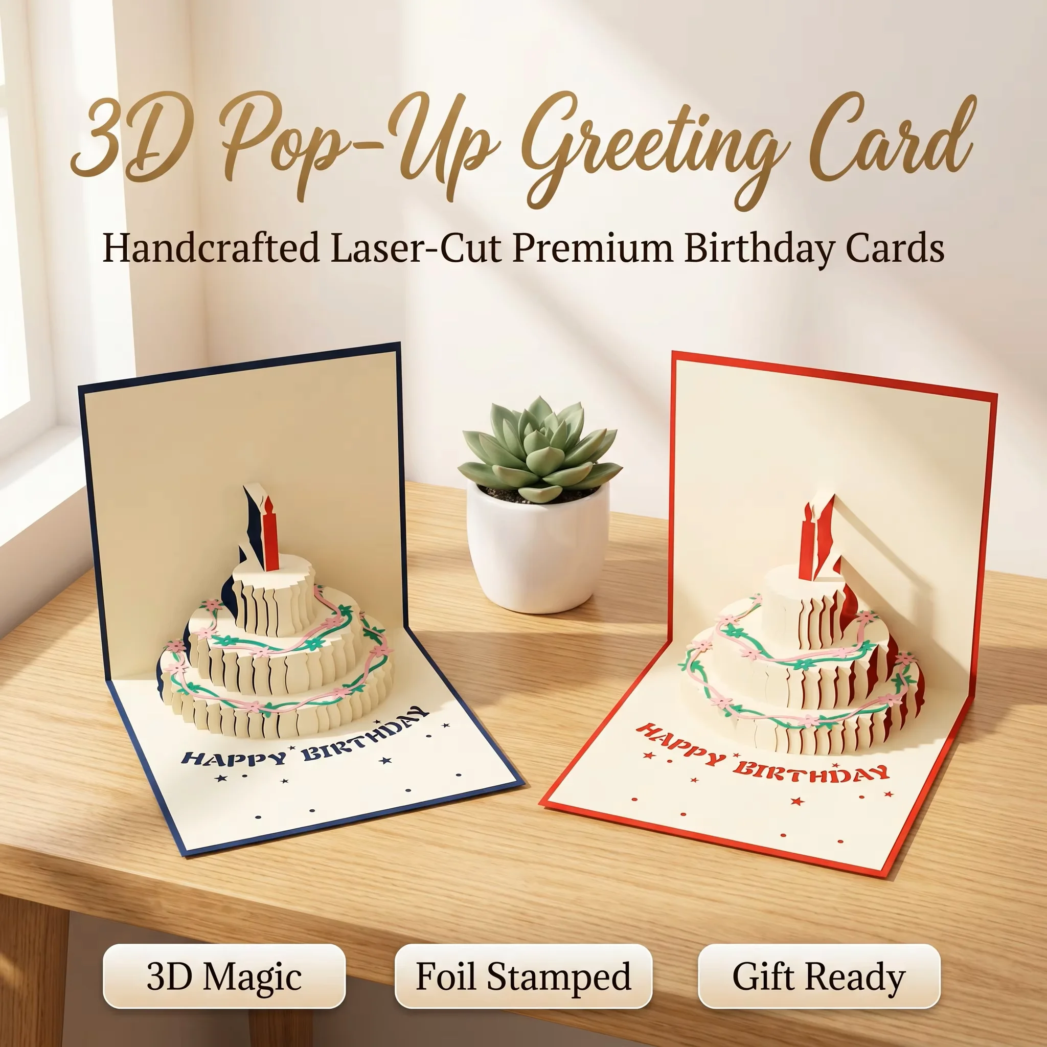 Laser Cut 3D Pop-up Birthday Cake Greeting Card, Customized Birthday Cake Greeting Card Birthday Gift with Envelope