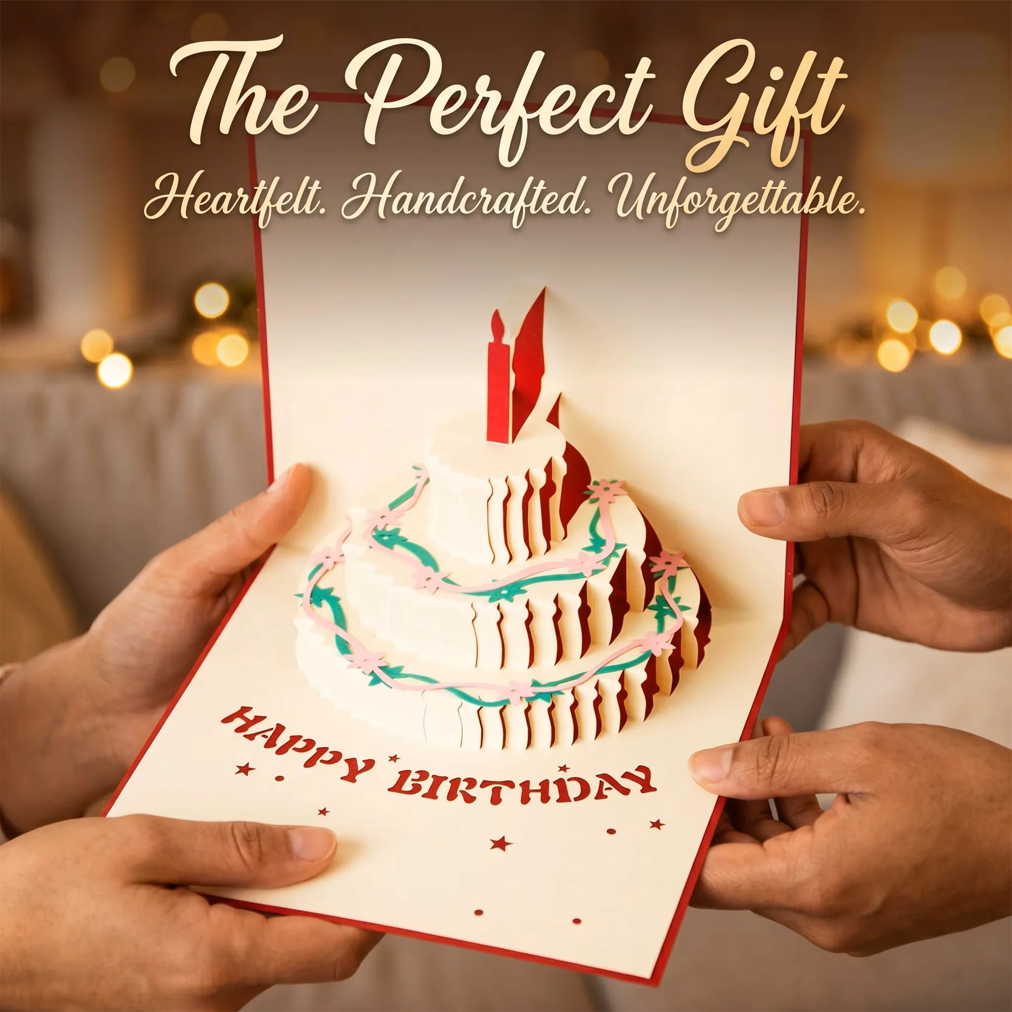 Laser Cut 3D Pop-up Birthday Cake Greeting Card, Customized Birthday Cake Greeting Card Birthday Gift with Envelope