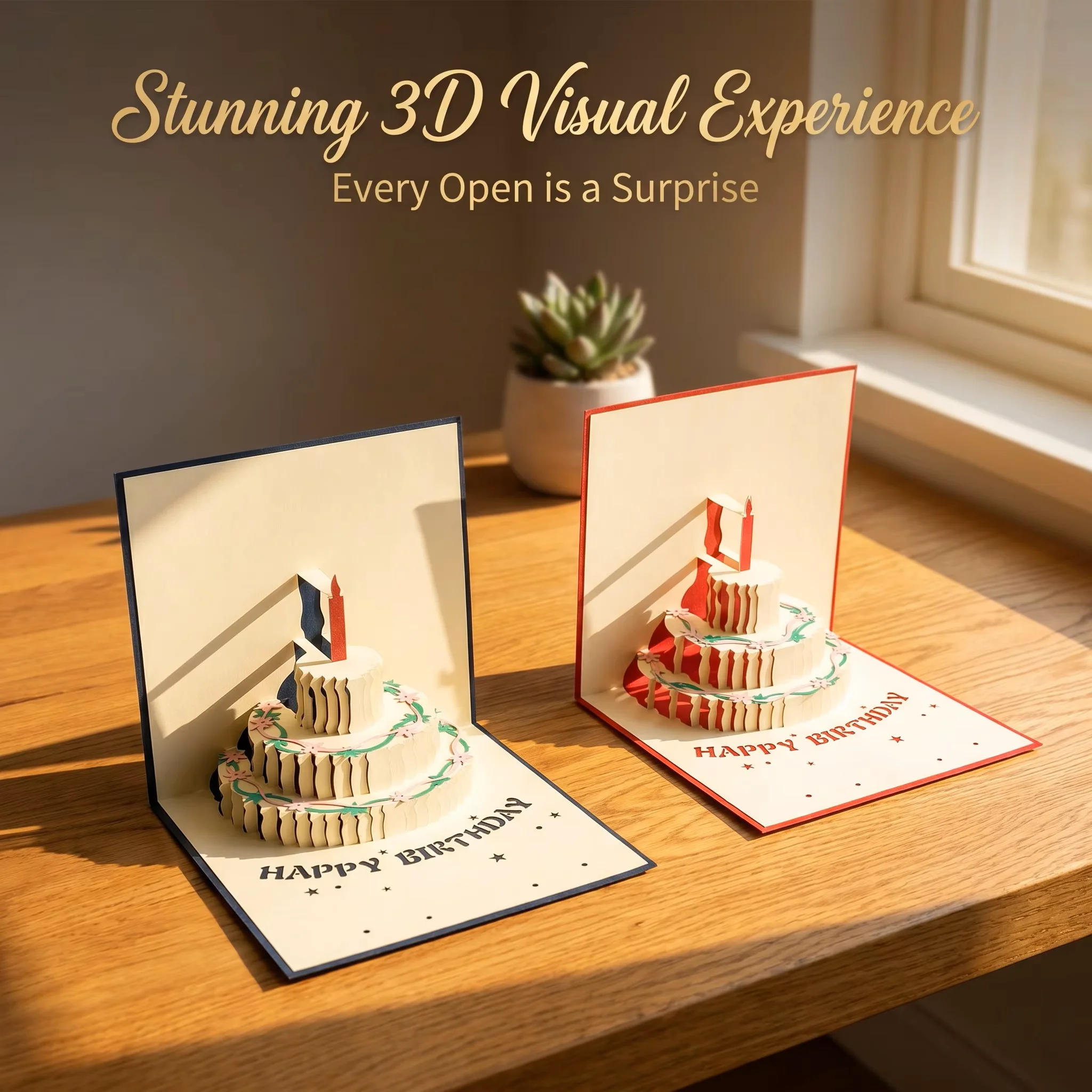 Laser Cut 3D Pop-up Birthday Cake Greeting Card, Customized Birthday Cake Greeting Card Birthday Gift with Envelope