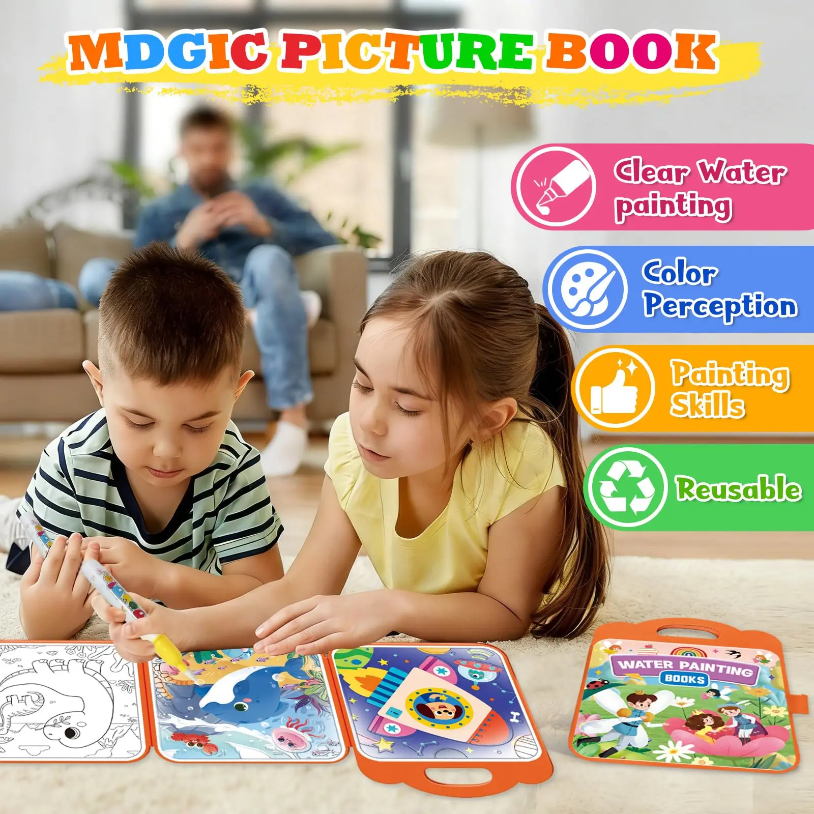 Magic Water Coloring Book for Kids, Reusable Mess Free Water Painting Book, Educational Toddler Toys for Travel & Home.
