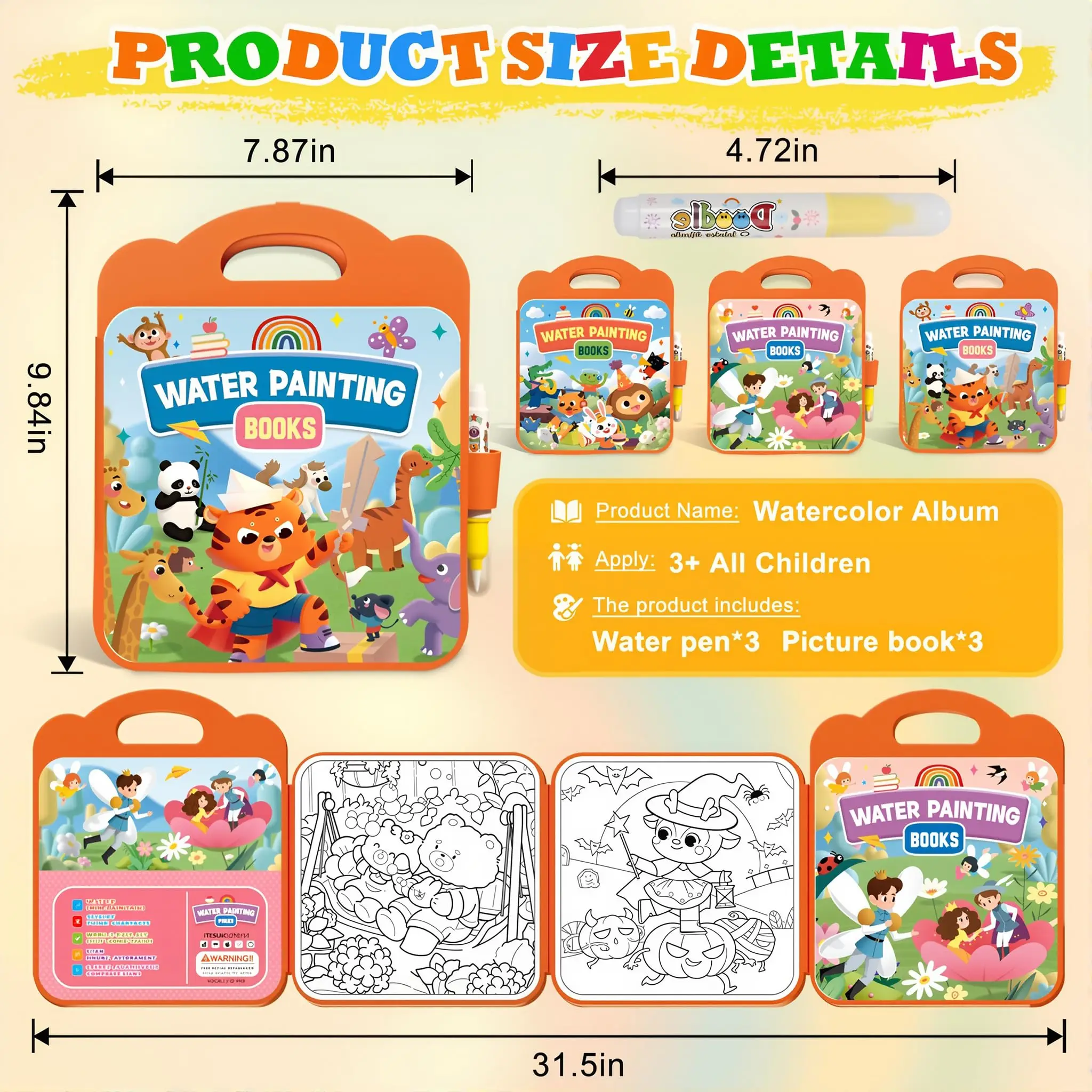 Magic Water Coloring Book for Kids, Reusable Mess Free Water Painting Book, Educational Toddler Toys for Travel & Home.