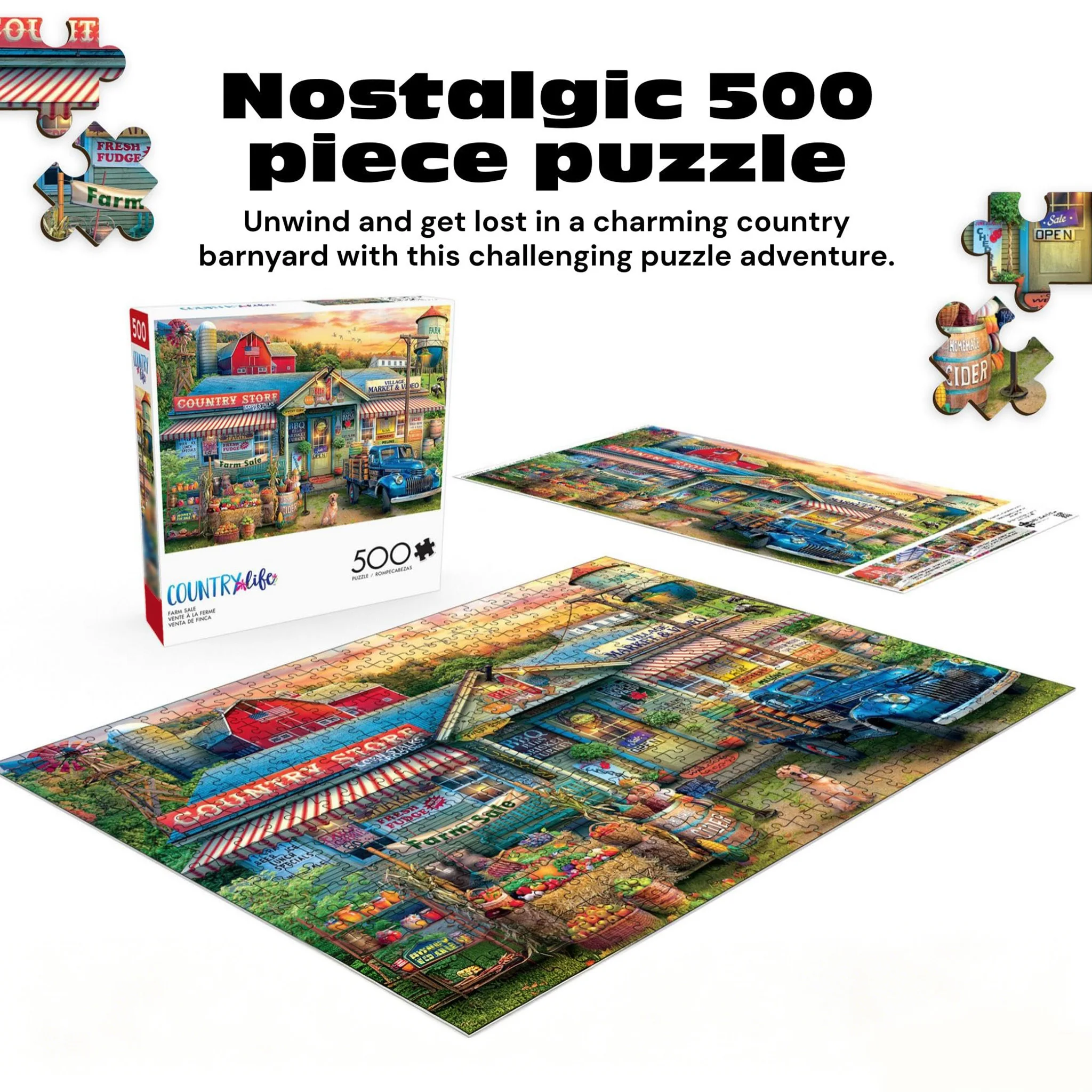 Puzzles for Adults 500 Pieces – Country Living, Nostalgic 500 Piece Jigsaw Puzzle for Adults with Poster, Premium Puzzle.