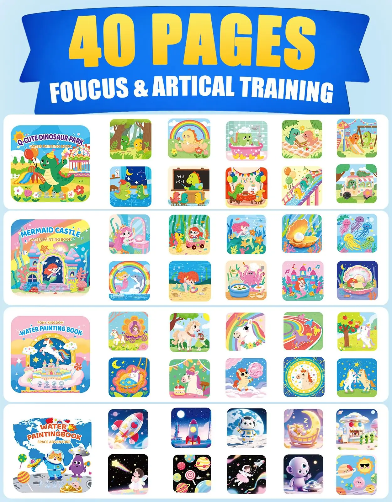 Reusable 10 Pages Water Painting Books for Toddlers 1-3, No Mess Coloring Book Educational Art Activity Book, Gift for Kids