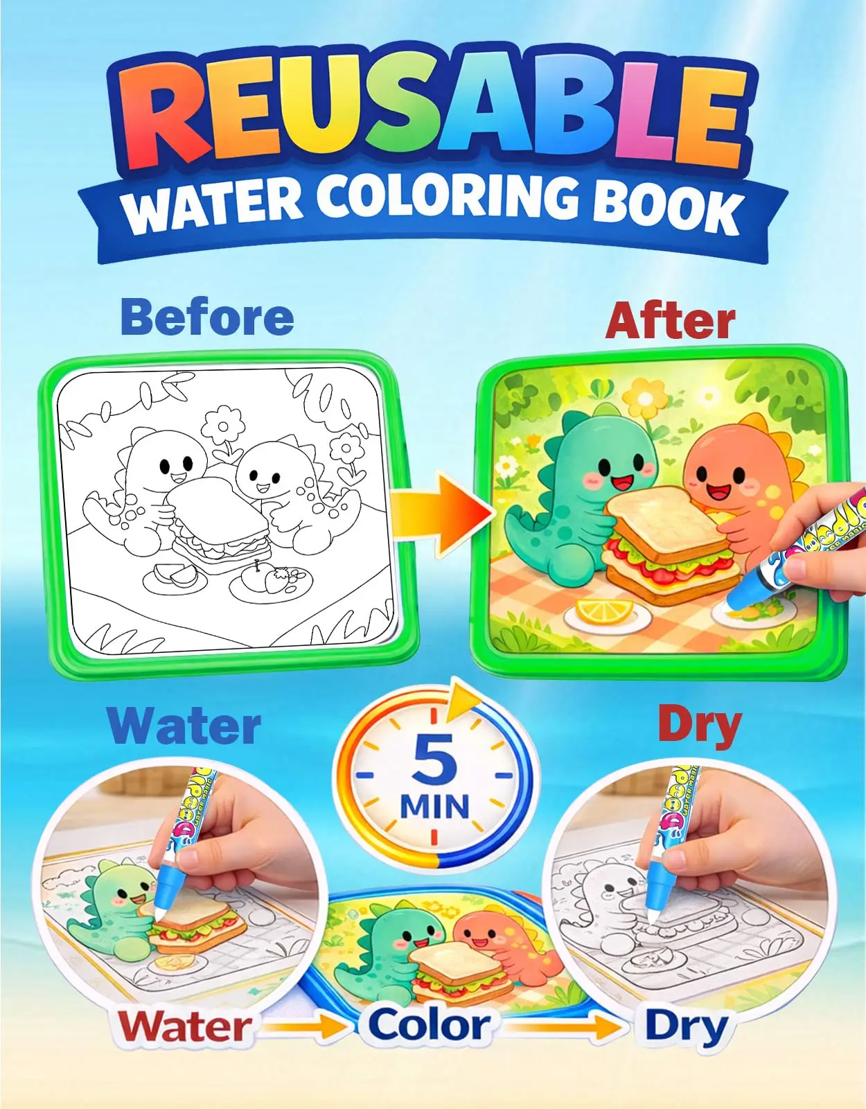 Reusable 10 Pages Water Painting Books for Toddlers 1-3, No Mess Coloring Book Educational Art Activity Book, Gift for Kids