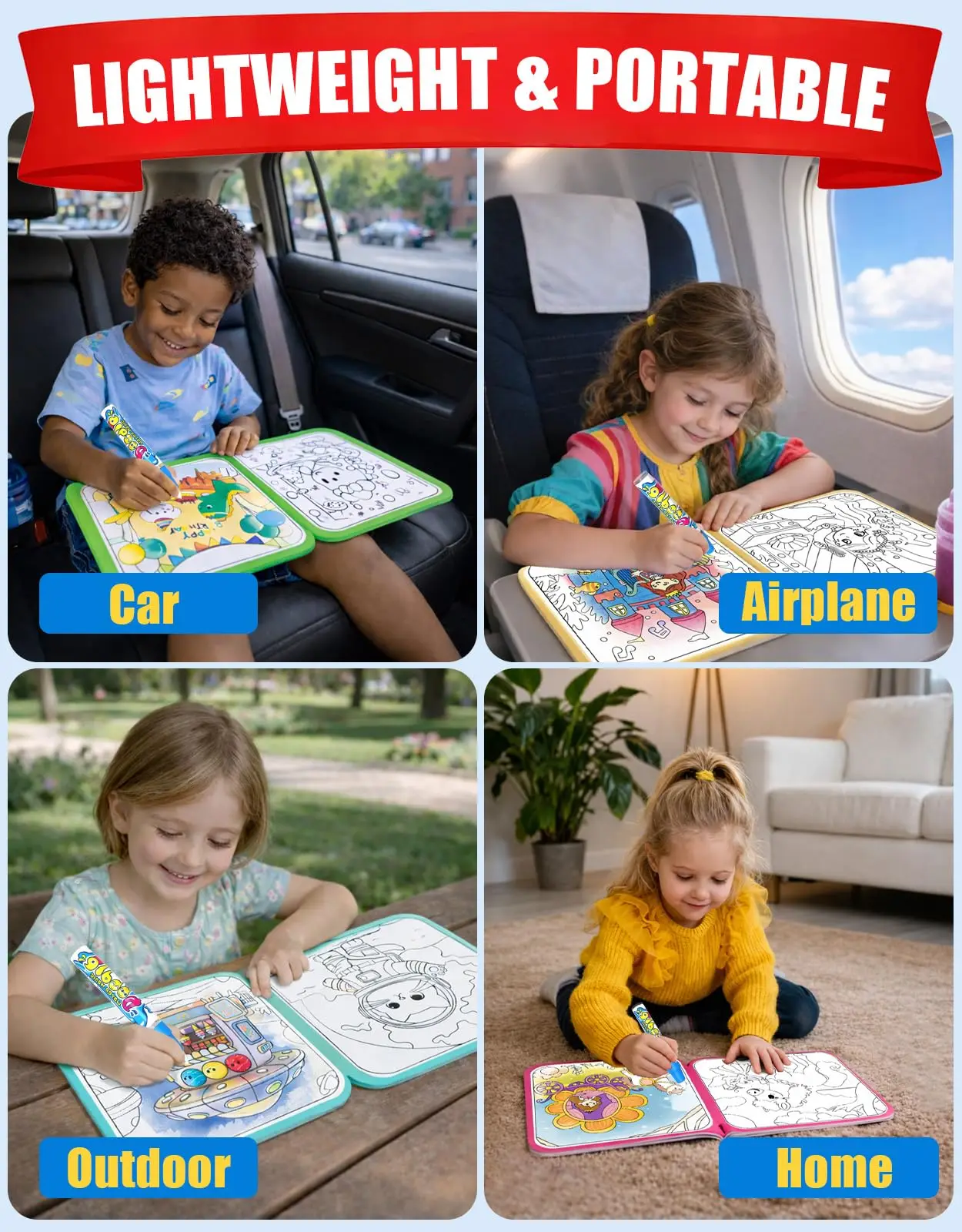 Reusable 10 Pages Water Painting Books for Toddlers 1-3, No Mess Coloring Book Educational Art Activity Book, Gift for Kids
