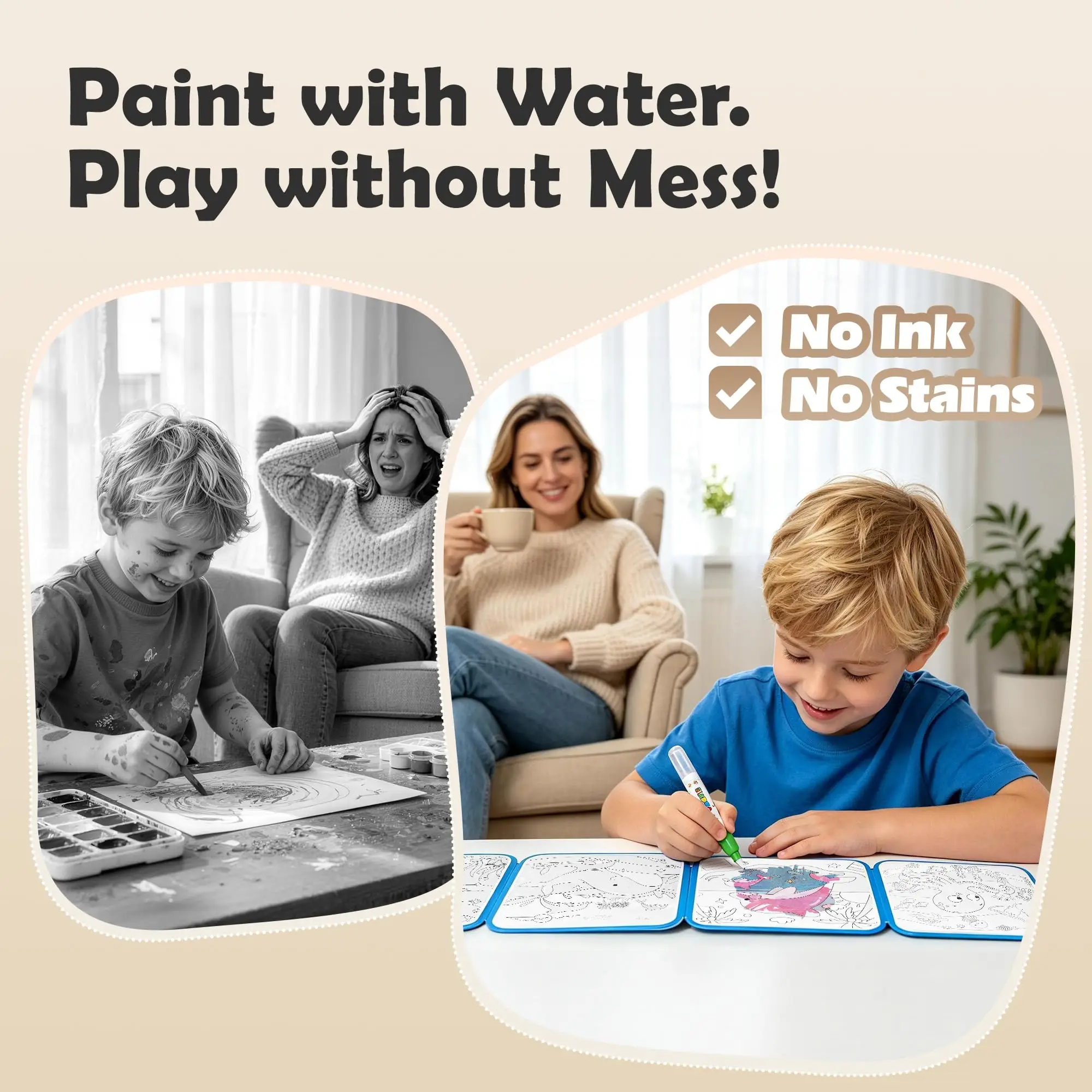 Reusable Water Coloring Books for Toddlers 1-3, Magic Water Painting Book for Mess-Free Coloring, Travel Activity Toys Gifts