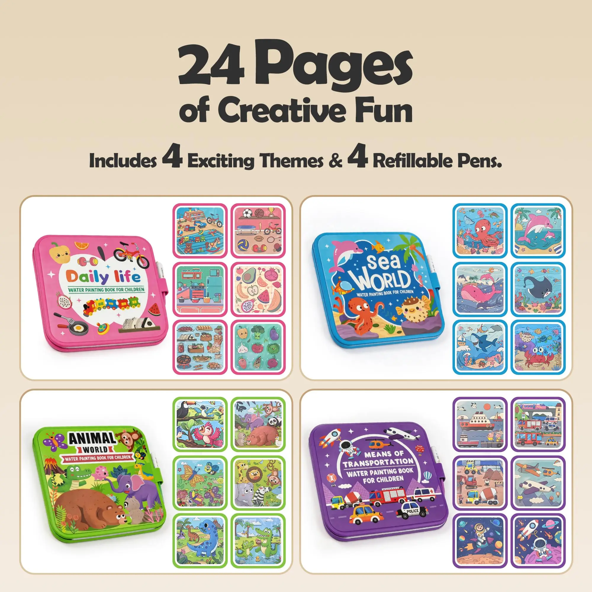 Reusable Water Coloring Books for Toddlers 1-3, Magic Water Painting Book for Mess-Free Coloring, Travel Activity Toys Gifts