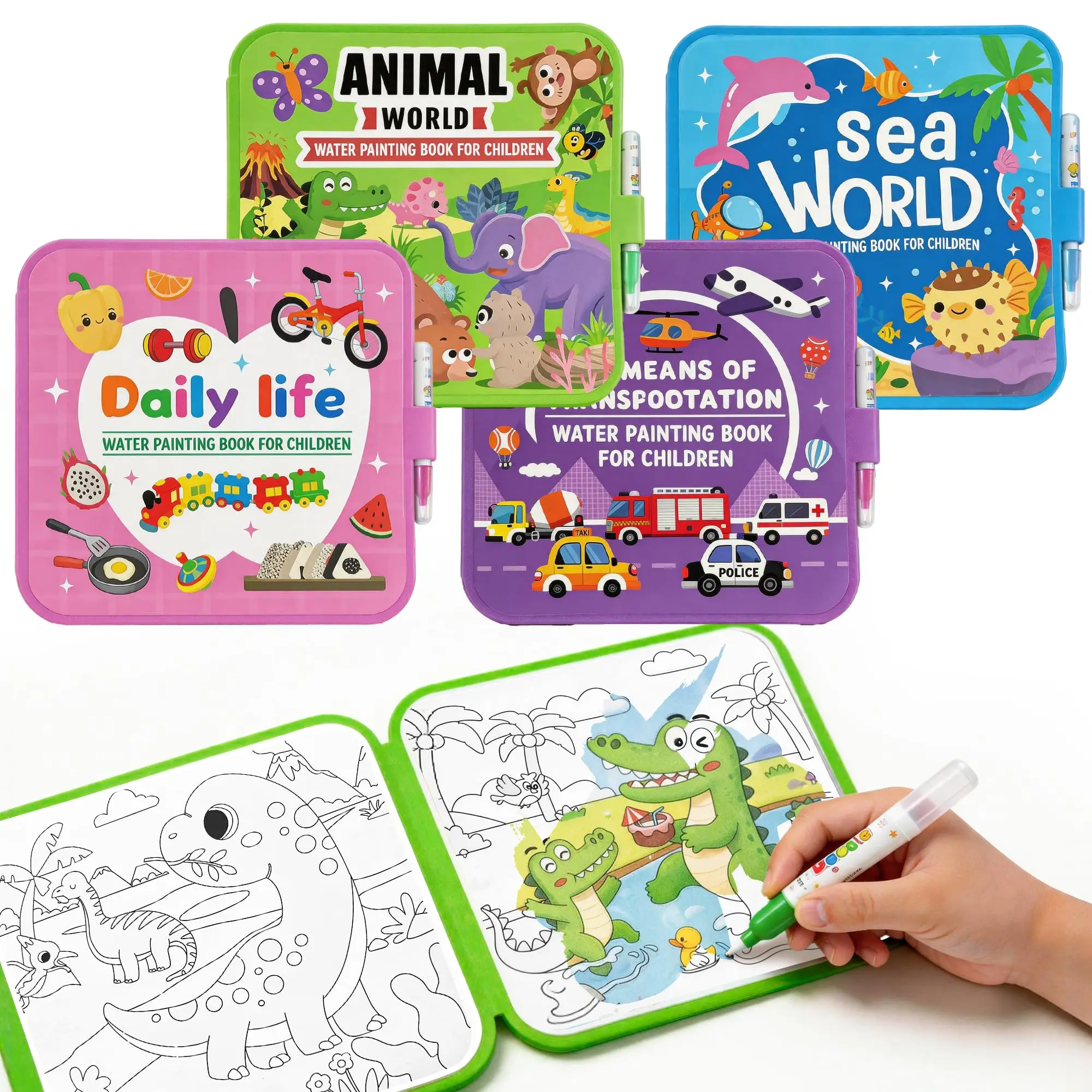 Reusable Water Coloring Books for Toddlers 1-3, Magic Water Painting Book for Mess-Free Coloring, Travel Activity Toys Gifts