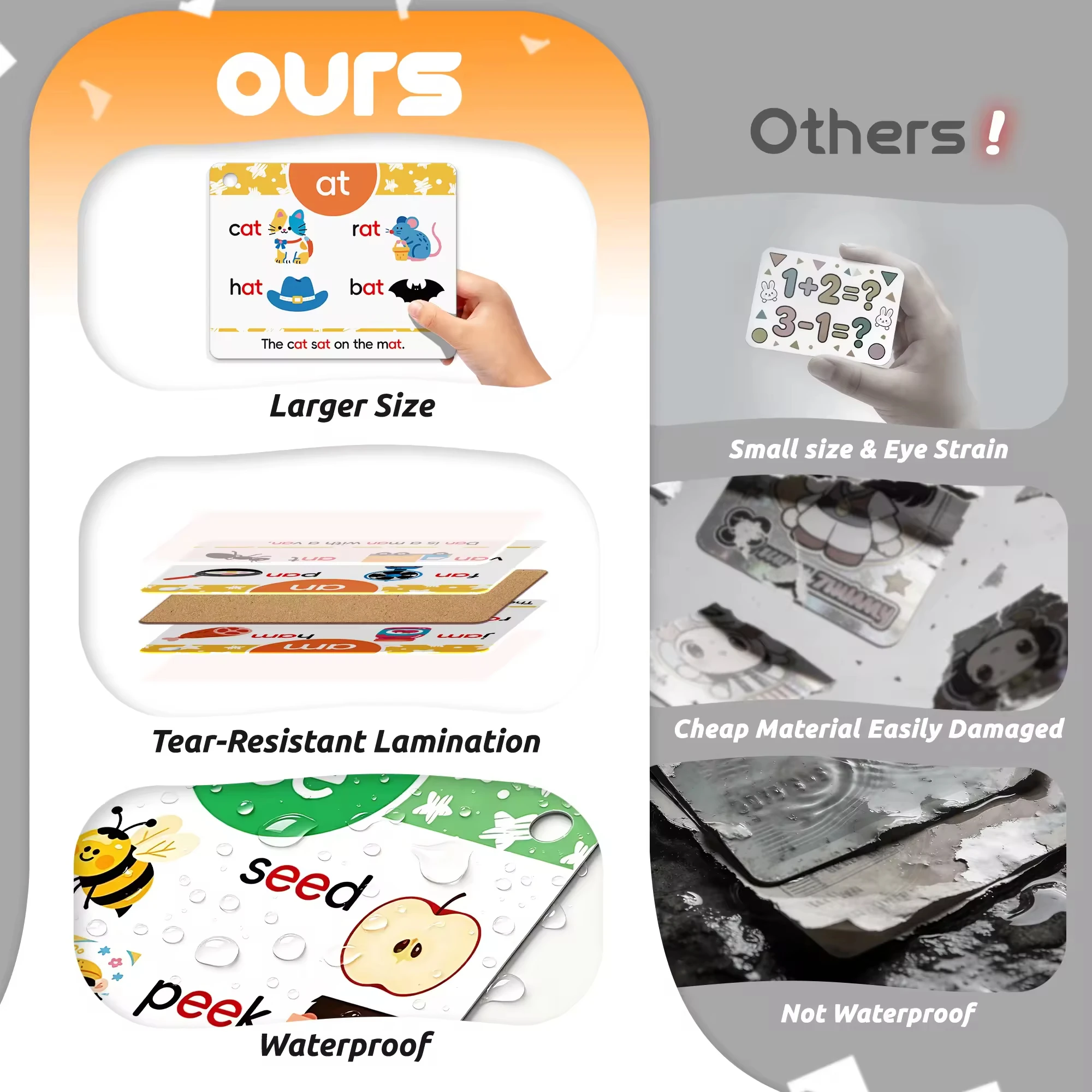 Sight Word Flash Cards Large Size Waterproof Tear Resistant Spelling & Recognition Toddler Learning for 1-3 Years Old