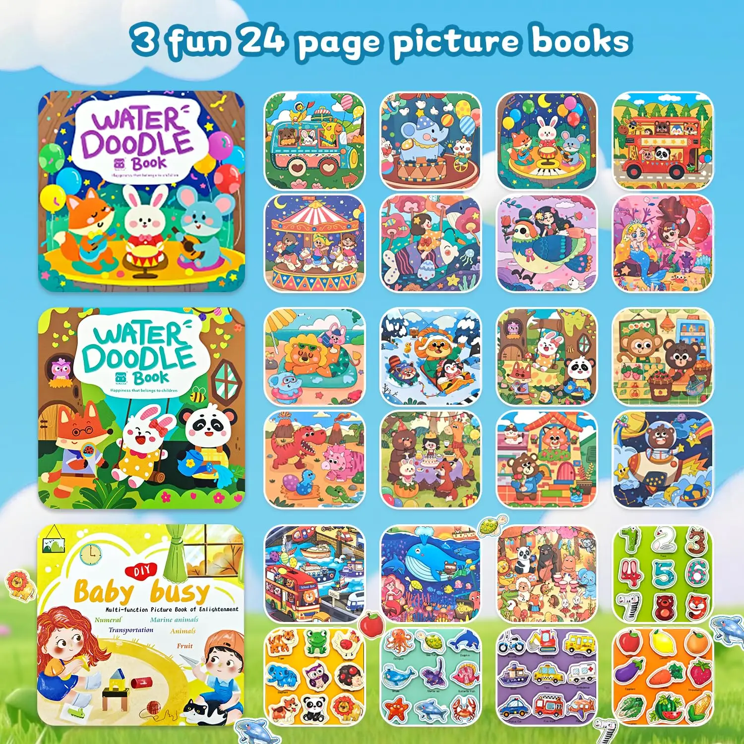 Water Coloring Book for Toddlers 1-3 – Mess Free Reusable Magic Reveal Painting Book with Water Pen
