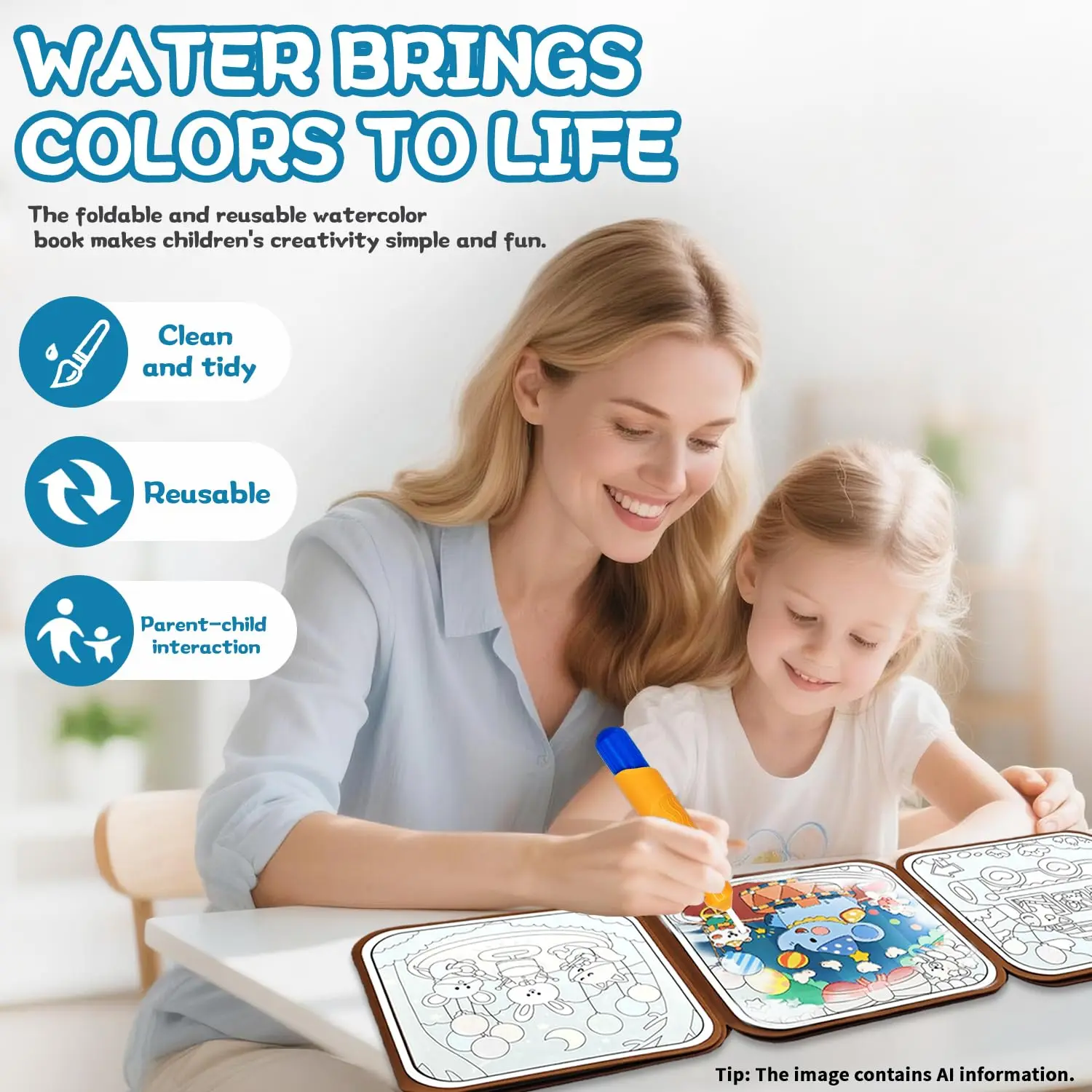 Water Coloring Book for Toddlers 1-3 – Mess Free Reusable Magic Reveal Painting Book with Water Pen