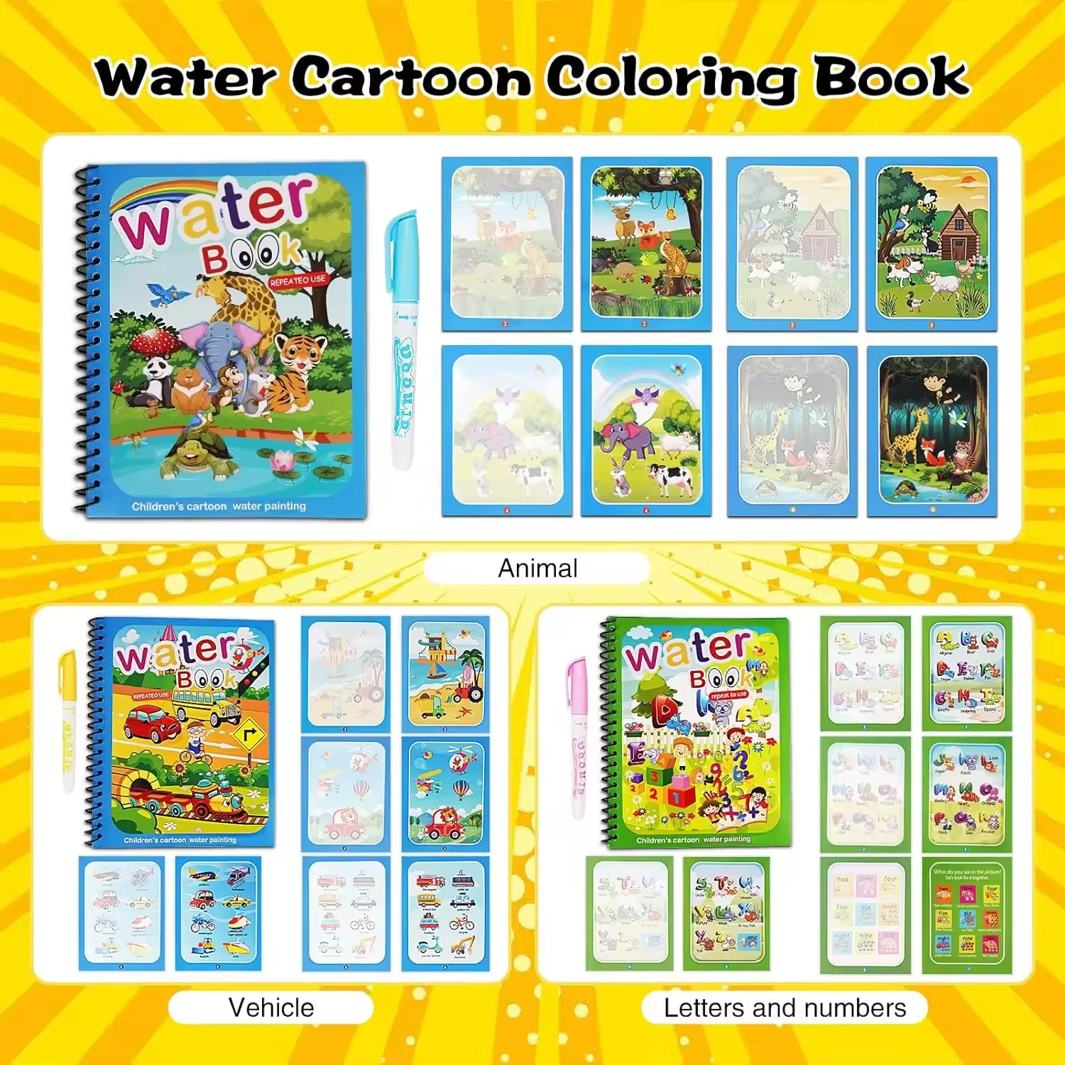 Water Coloring Books for Toddlers, Reusable Water Doodle Book Toys, Mess-Free Coloring Book