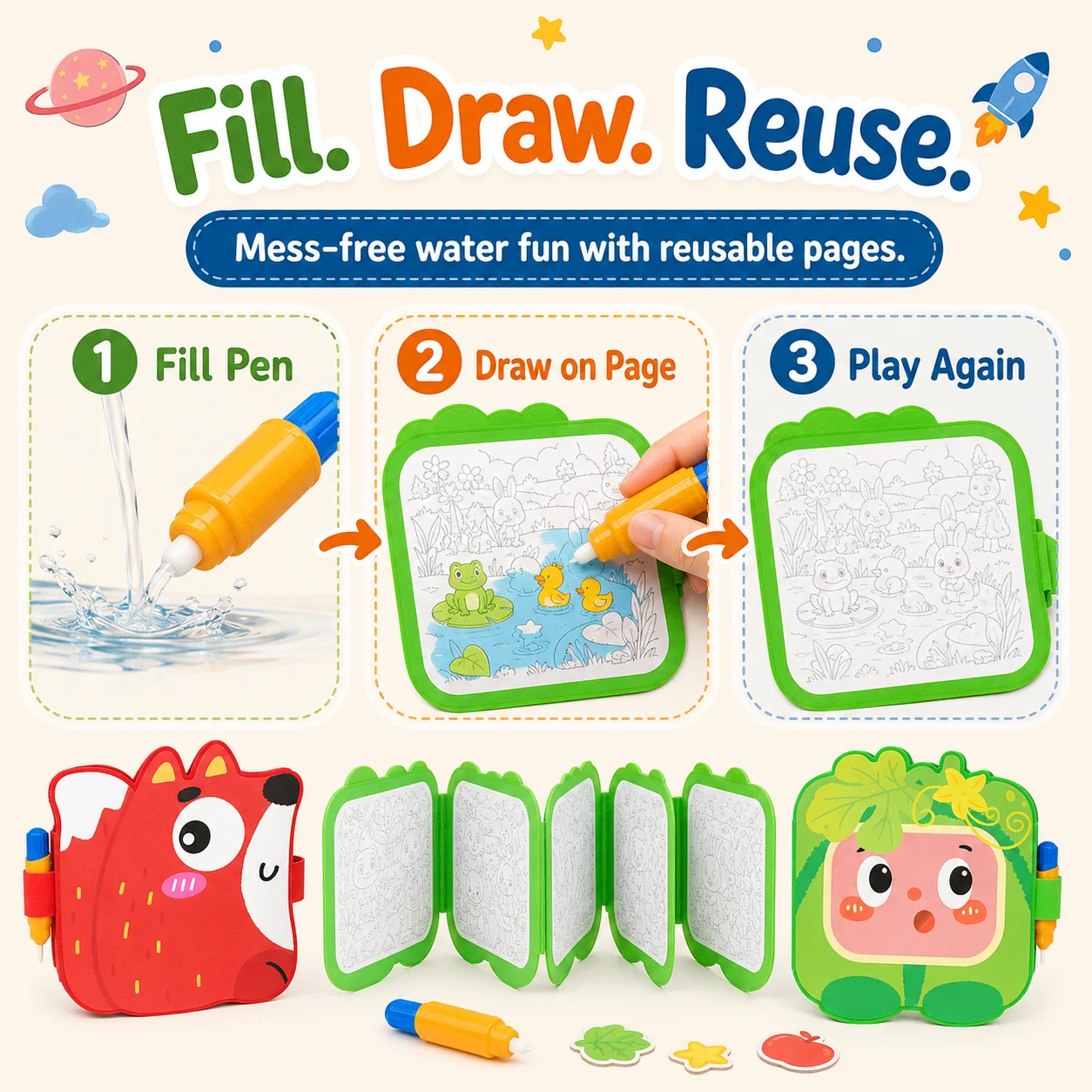 Water Painting Books Reusable Magic Water Painting Books with Pen, Mess-free Educational Doodle Drawing Toy for Kids Toddlers